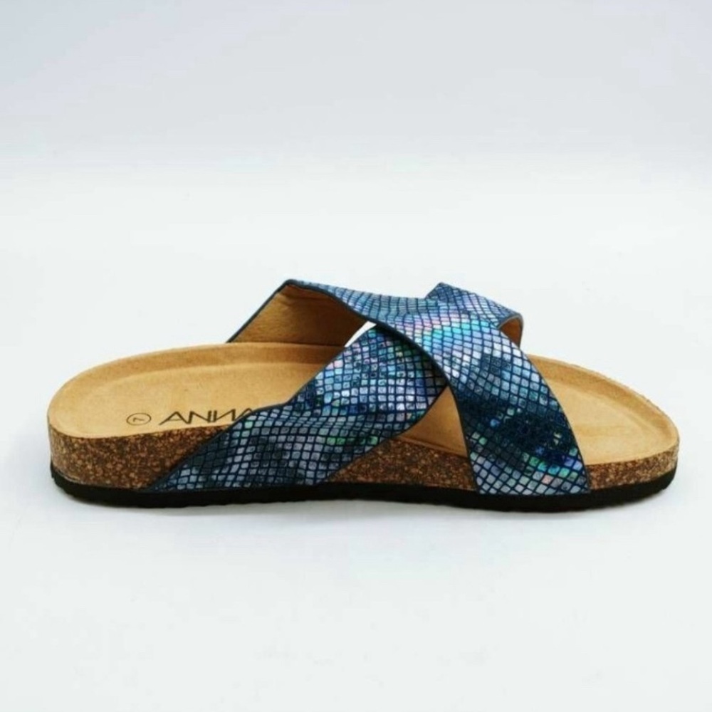 ANNA Womens Gibson Slide Sandals Blue Snakeskin Criss Cross Rhinestone 7 New